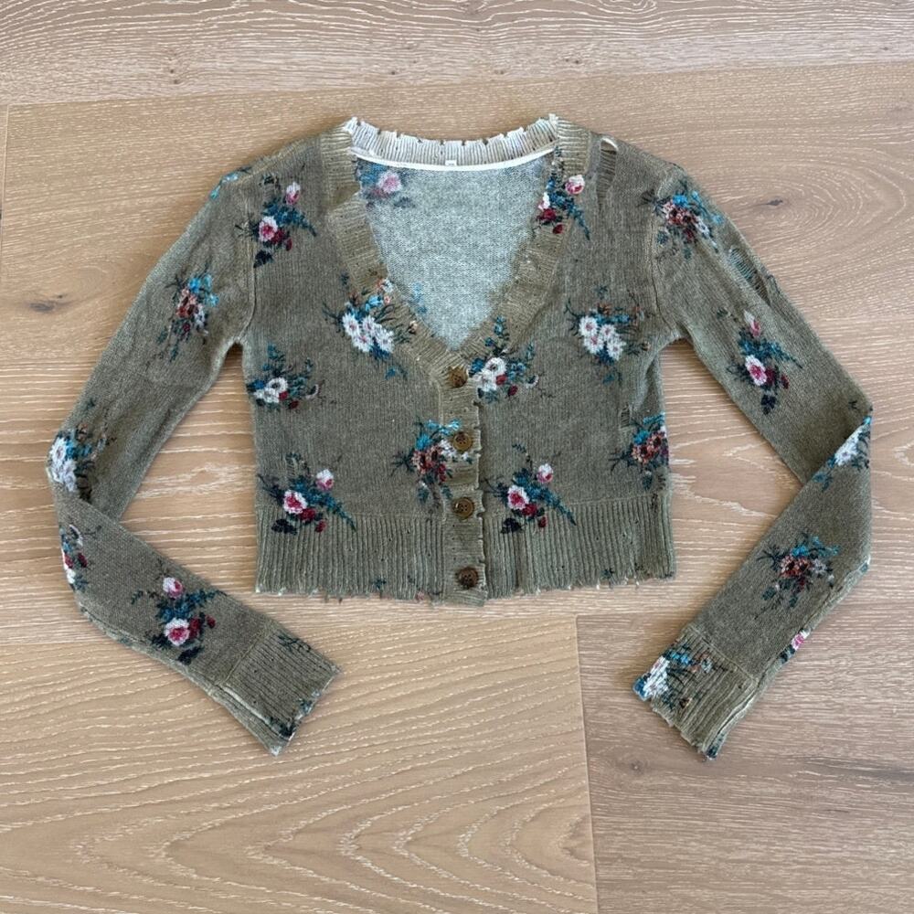 R13 Cardigan Cropped Distressed Floral Cashmere Size XS Green Blue